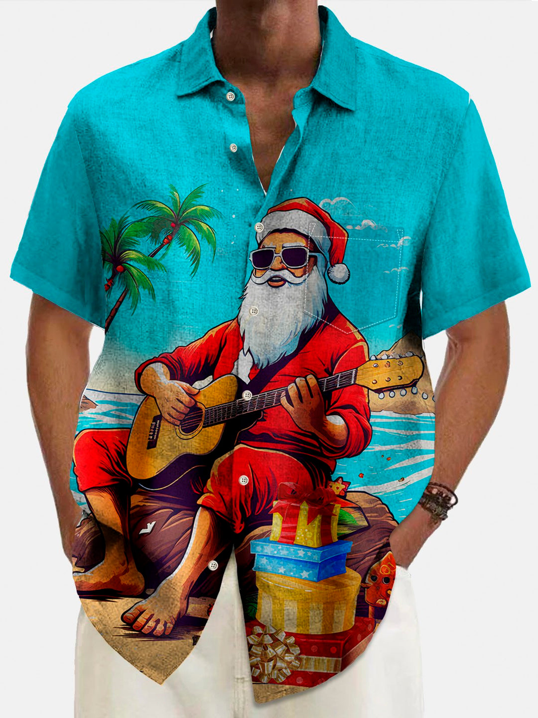 Camisa con bolsillo abotonado para hombre con estampado navideño de Papá Noel y guitarra Alohadaddy