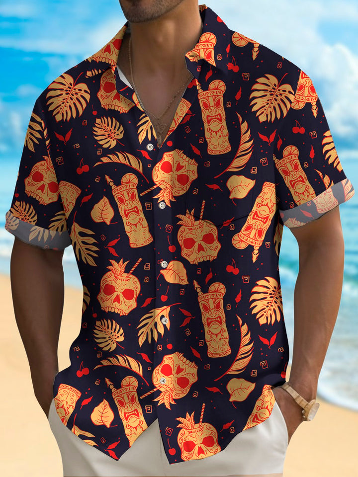 Camisa de manga corta con bolsillo abotonado y estampado de calavera para hombre de Alohadaddy