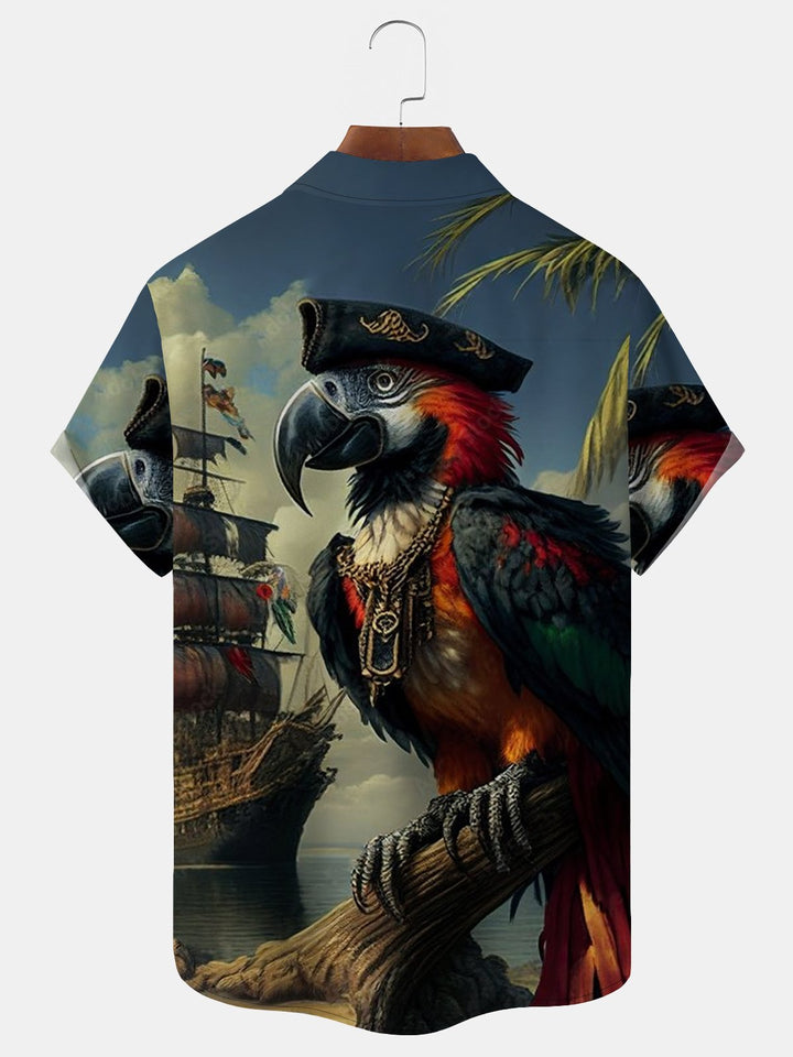 Camisa hawaiana con estampado de piratas y loros para hombre de Alohadaddy, camisa de camping elástica con bolsillo hawaiano y dibujos animados