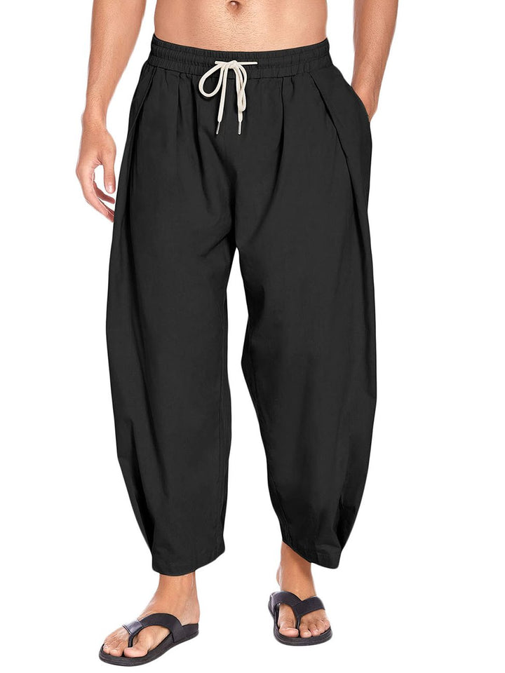 Pantalones capri holgados de lino y algodón con bolsillos y cordón ajustable de Alohadaddy