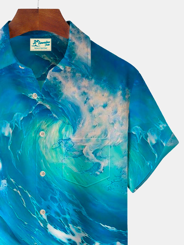 Camisa hawaiana de manga corta extragrande con bolsillos y estampado de olas para hombre de Alohadaddy