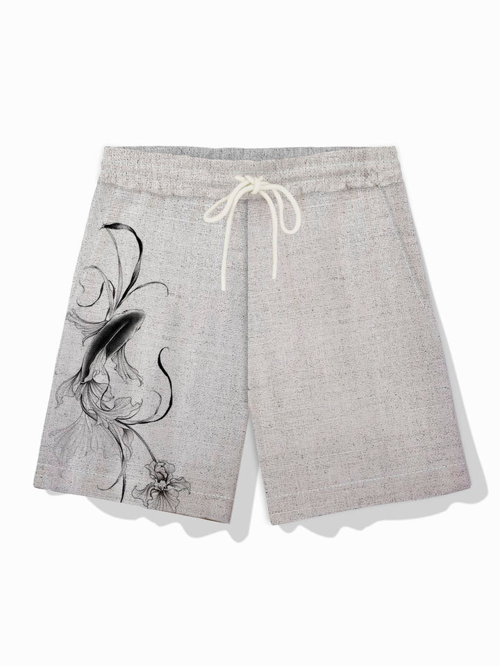 Pantalones cortos de playa informales para hombre con estampado de carpas japonesas de algodón y lino Alohadaddy