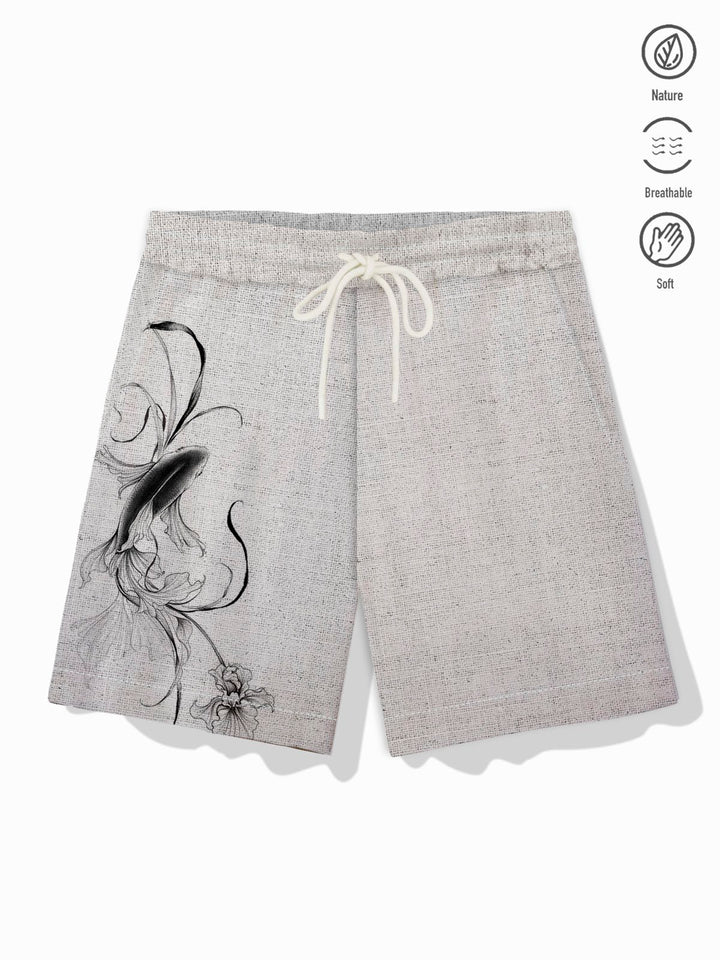 Pantalones cortos de playa informales para hombre con estampado de carpas japonesas de algodón y lino Alohadaddy