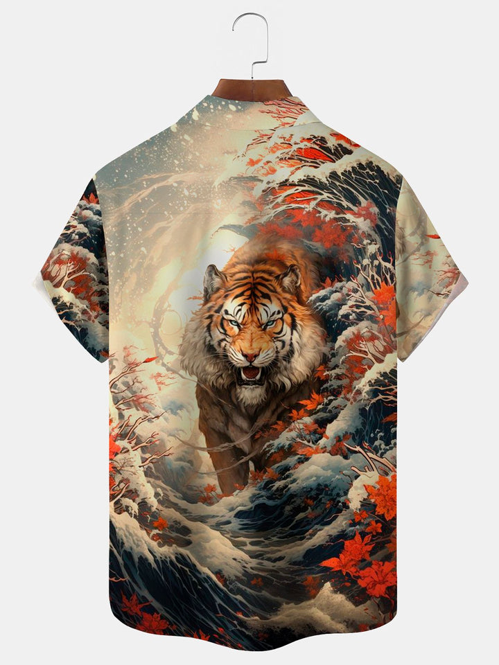 Chemise à boutons et poches pour homme à imprimé tigre vintage Ukiyoe d&