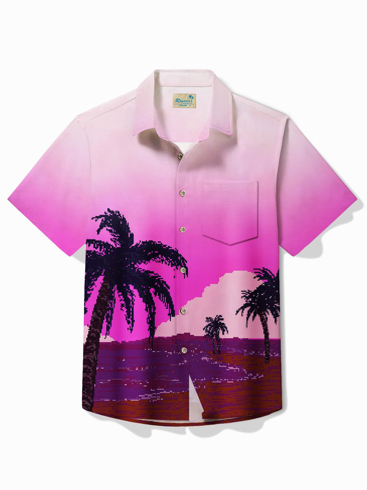 Camisa de manga corta con bolsillo abotonado para hombre con estampado de árbol de coco en degradado rosa hawaiano Alohadaddy