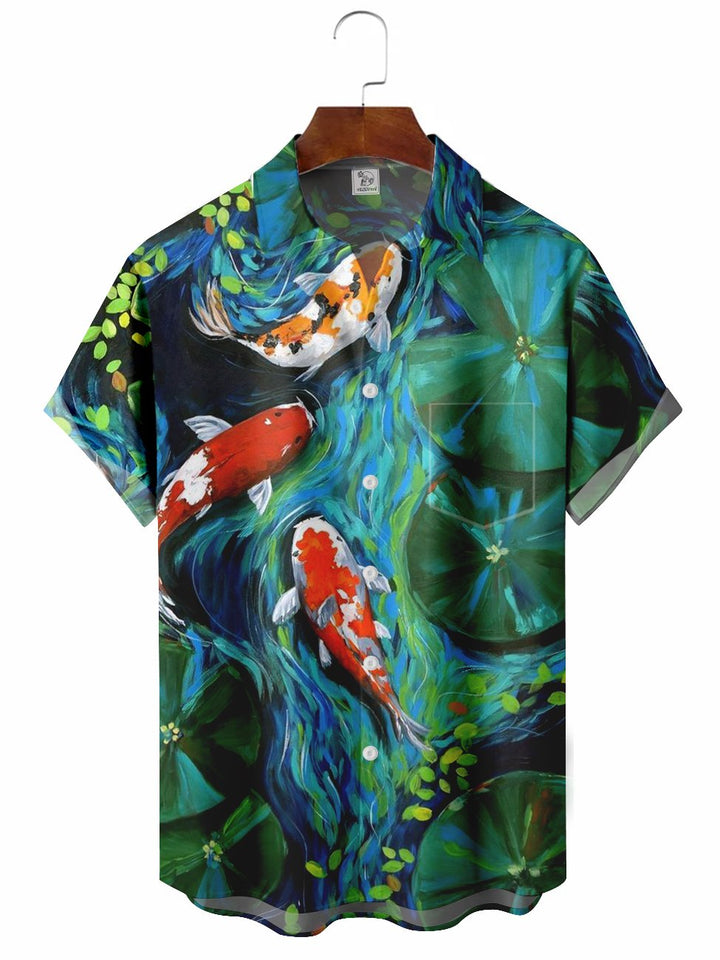 Camisa informal de manga corta con ilustración de peces para hombre