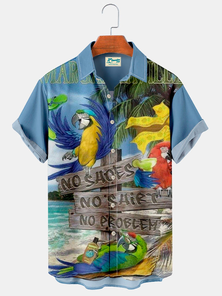 Camisa hawaiana de vacaciones de gran tamaño con bolsillo en el pecho y estampado playero de loro azul Alohadaddy