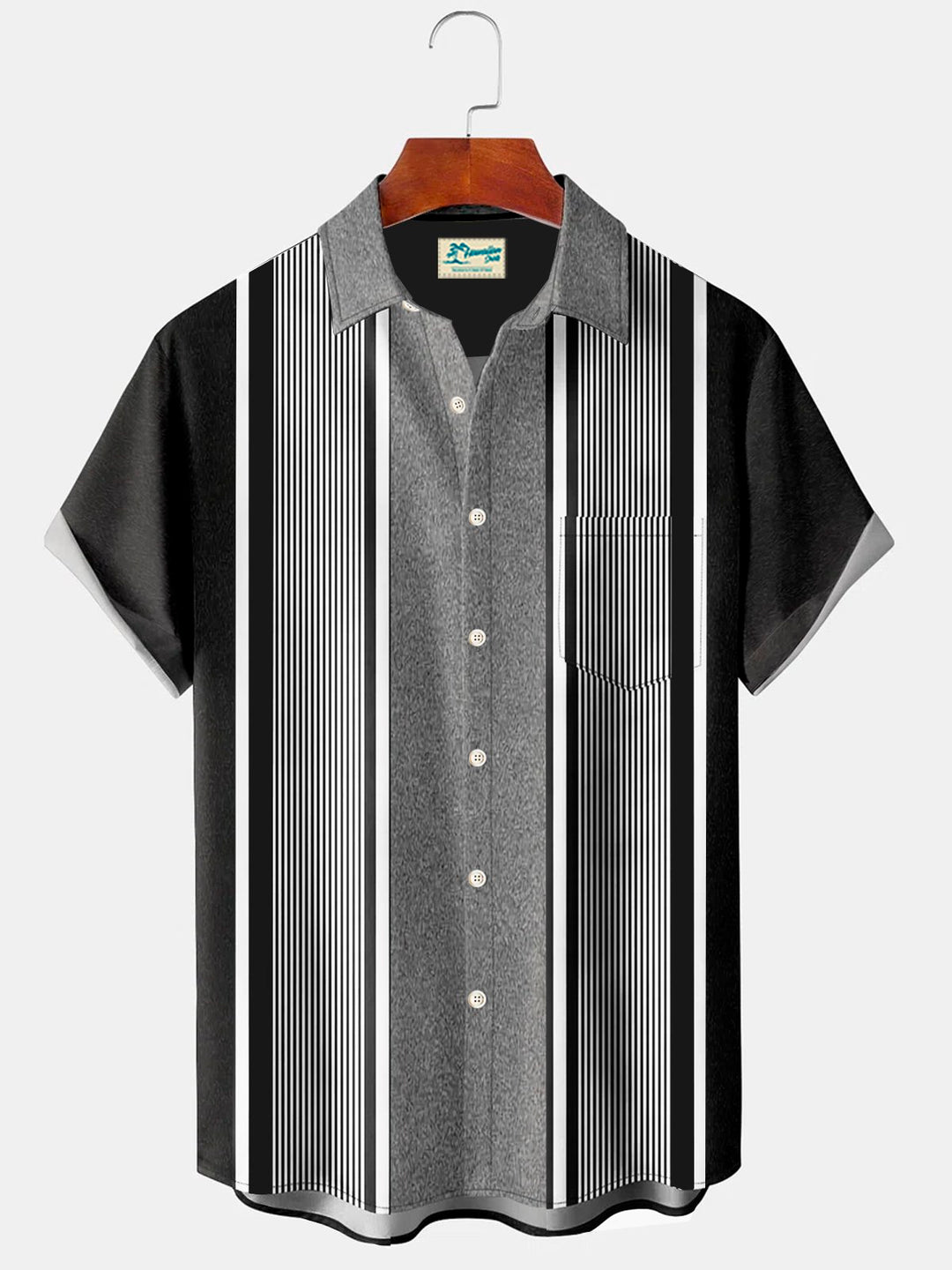 Camisa de bolos de manga corta con bolsillo en el pecho y rayas geométricas de Alohadaddy