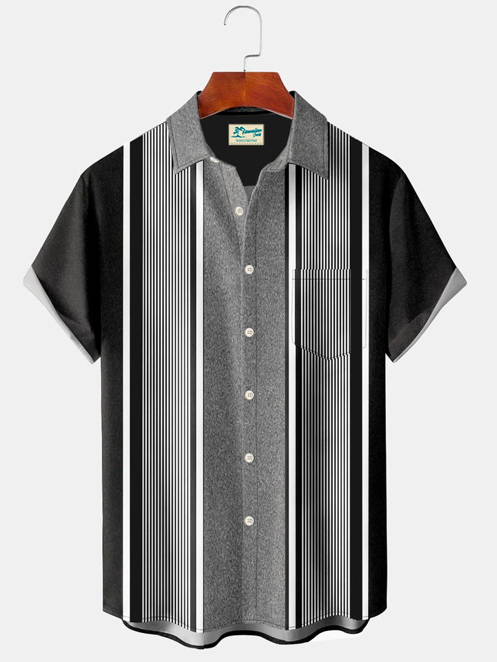 Camisa de bolos de manga corta con bolsillo en el pecho y rayas geométricas de Alohadaddy