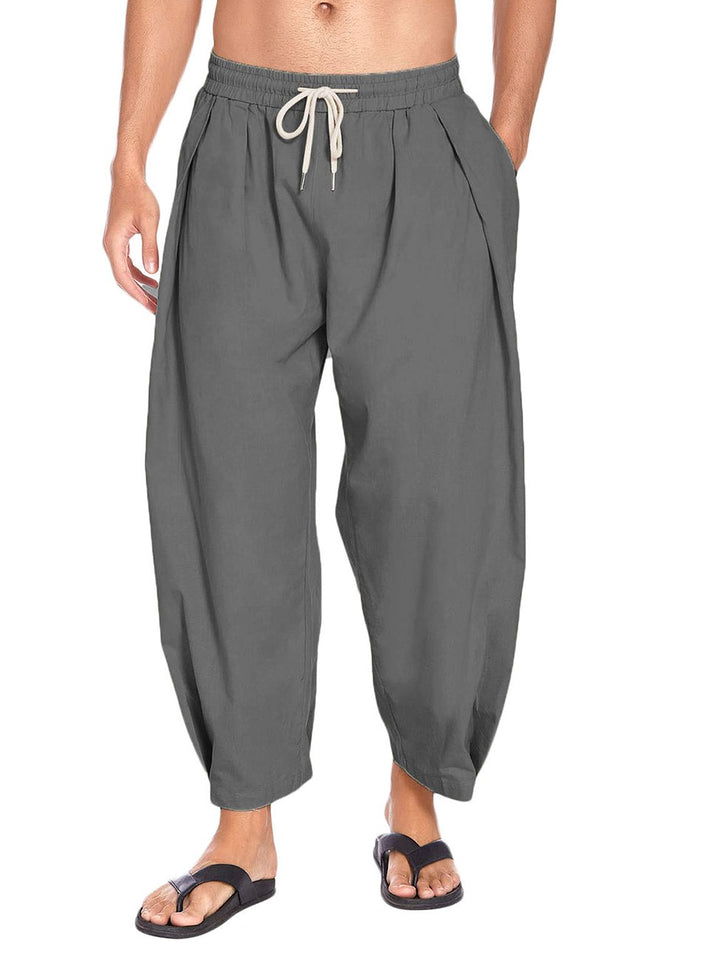Pantalones capri holgados de lino y algodón con bolsillos y cordón ajustable de Alohadaddy