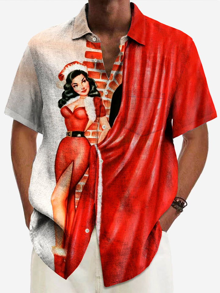 Camisas hawaianas rojas navideñas de Alohadaddy, camisas navideñas con bolsillos para campamento de dibujos animados para niñas, talla grande