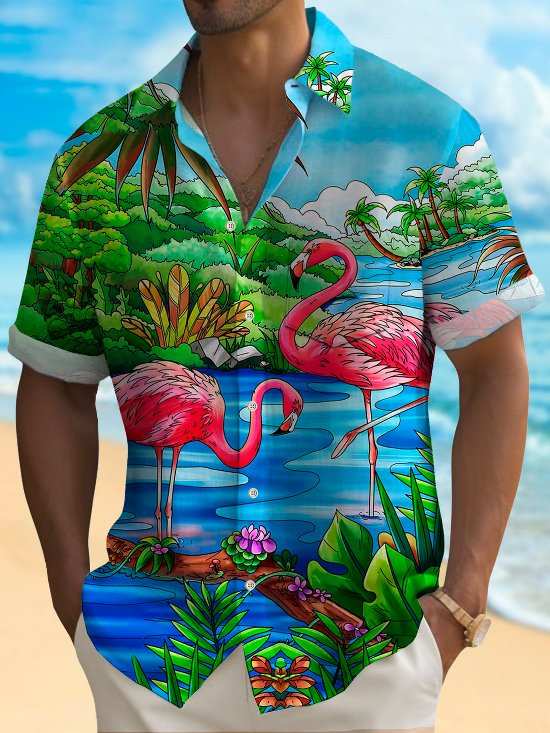 Alohadaddy Hawaiian Flamingo Botanical Print Men&