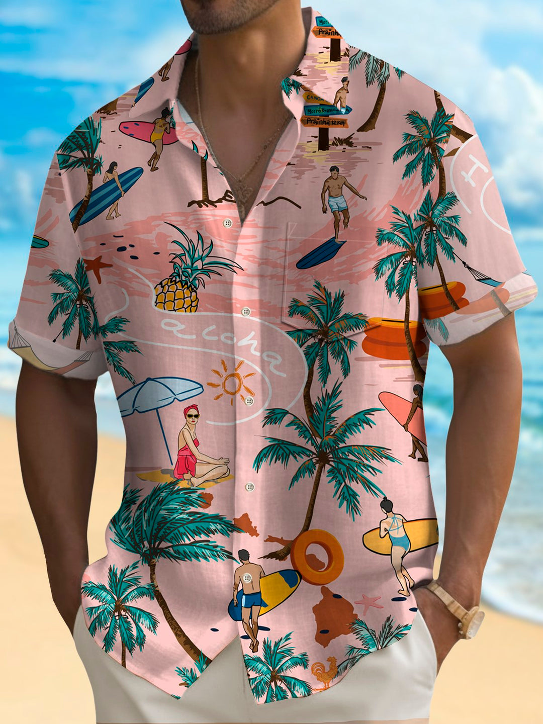 Camisa con bolsillos abotonados para hombre con estampado botánico de surf hawaiano Alohadaddy
