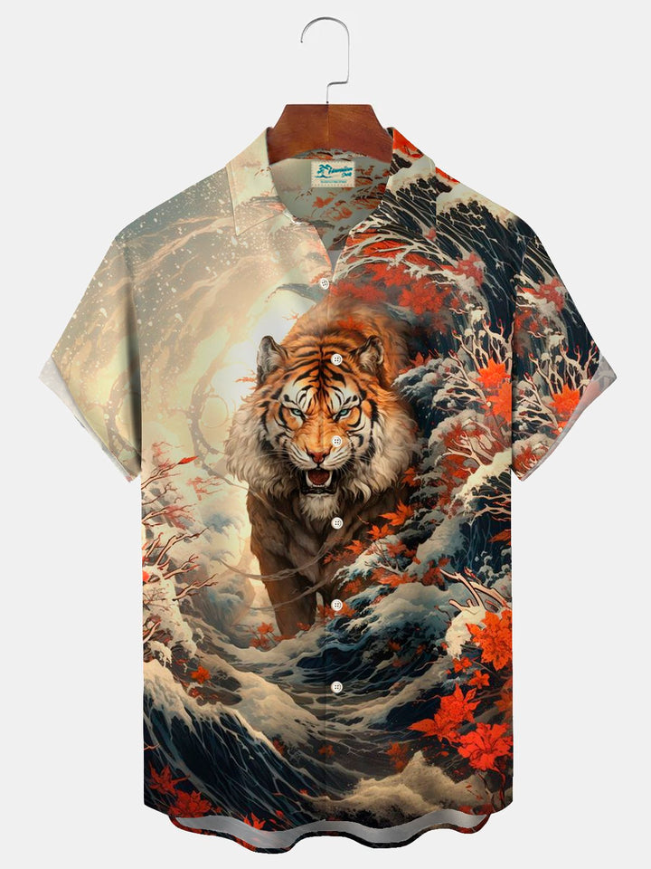Chemise à boutons et poches pour homme à imprimé tigre vintage Ukiyoe d&