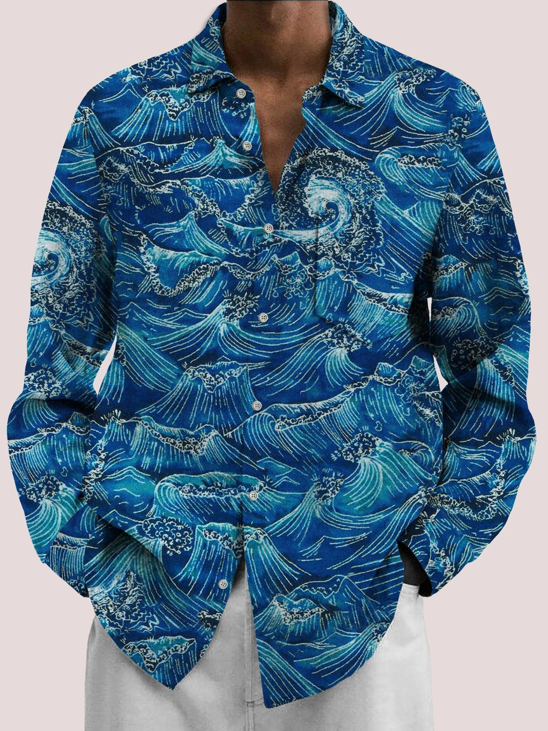 Camisa de manga larga para hombre de estilo japonés Ukiyoe Wave de Alohadaddy, vintage, elástica, de fácil cuidado, con bolsillo, para campamento, talla grande