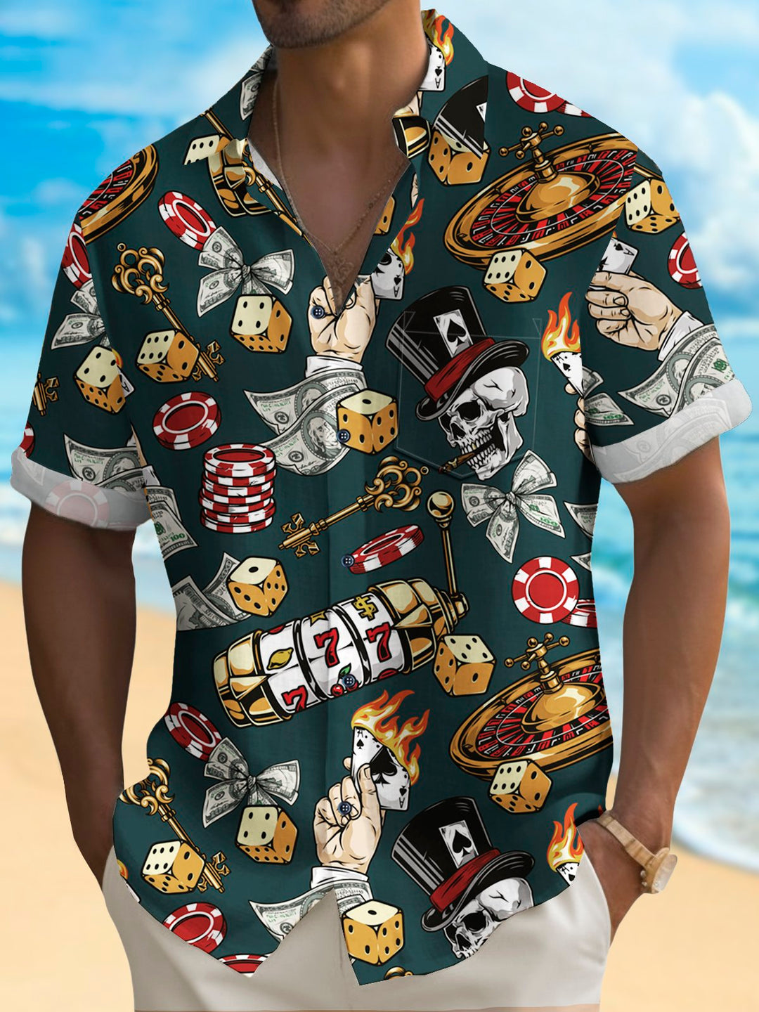 Camisa hawaiana Alohadaddy para hombre, camisa de camping con bolsillo y calavera de póquer de Las Vegas