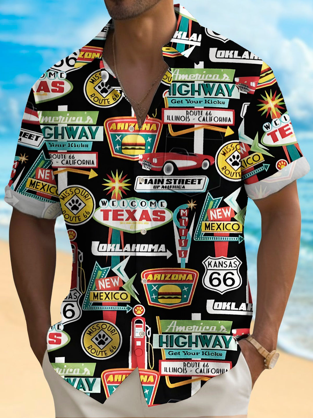 Chemise hawaïenne pour homme Alohadaddy Beach Holiday Chemise de camping à poche Car Route 66