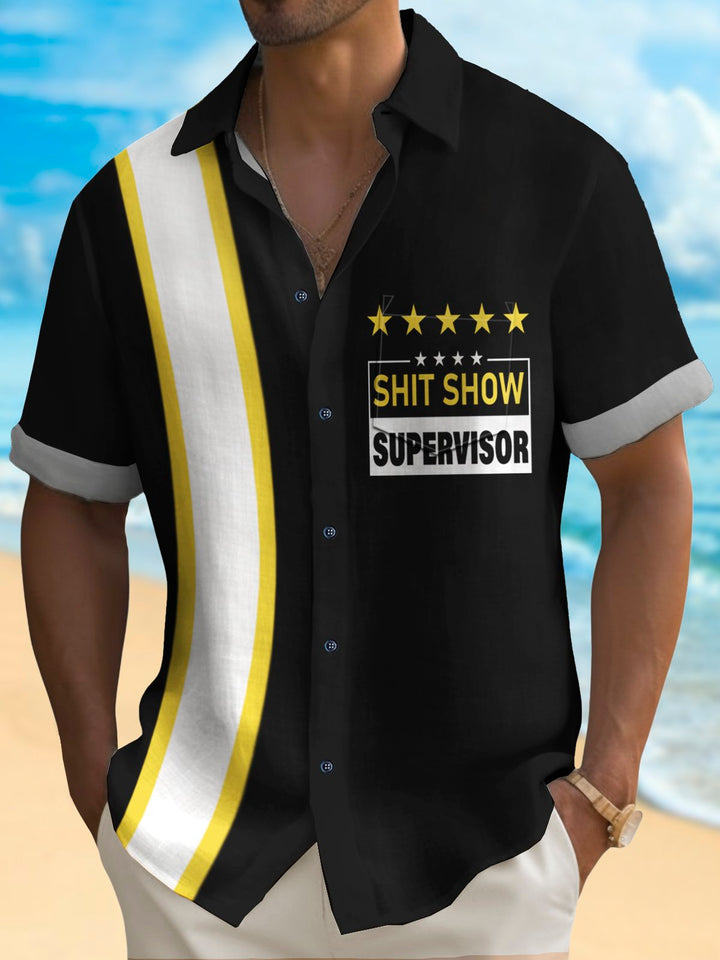 Camisa hawaiana retro de bolos Alohadaddy para hombre, con estampado de letras y pentagramas, para acampar y hacer deporte
