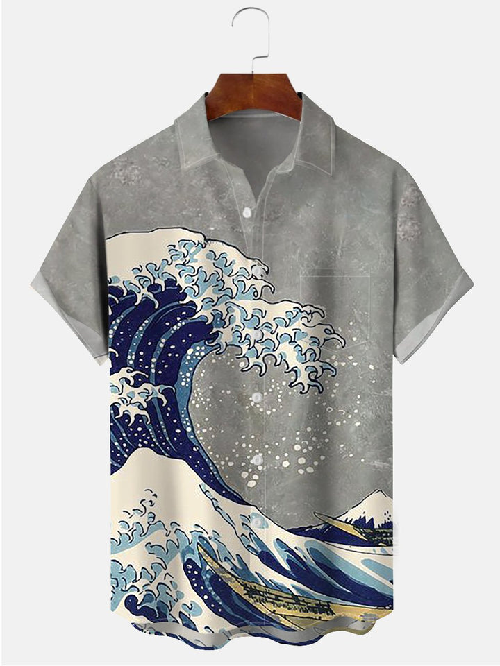 Alohadaddy Mens Japanese Ukiyoe Wave Print Casual Breathable Chest Pocket Short Sleeve Hawaiian Shirts