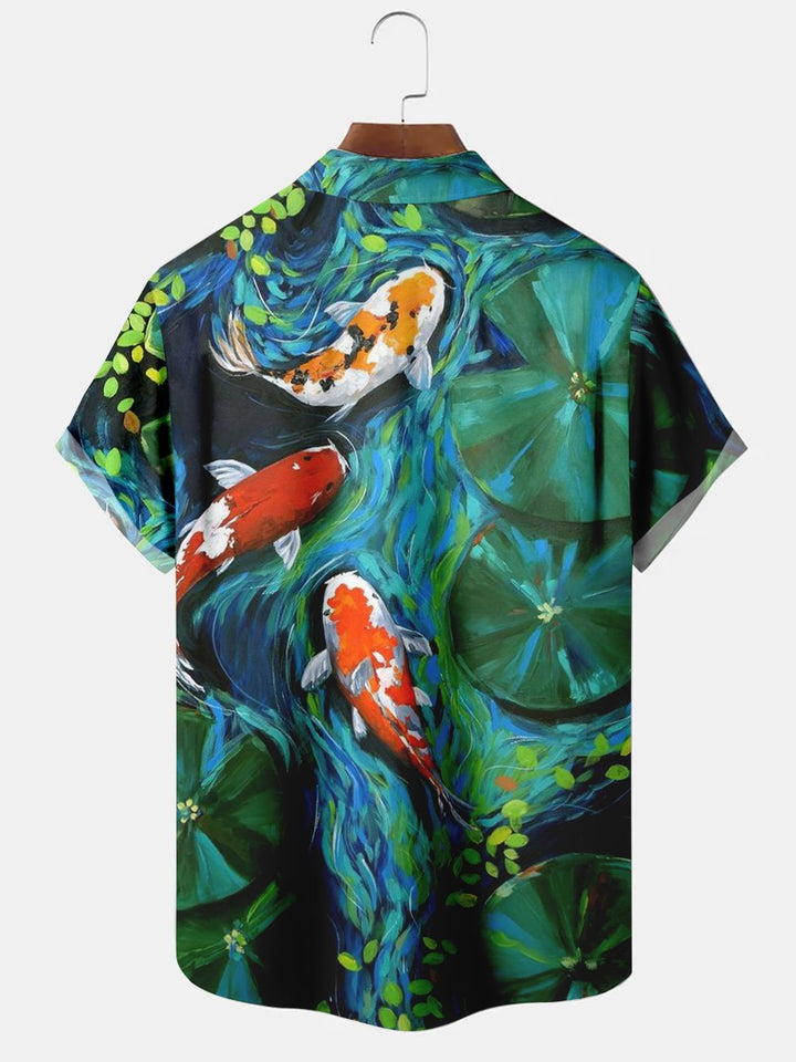 Camisa informal de manga corta con ilustración de peces para hombre