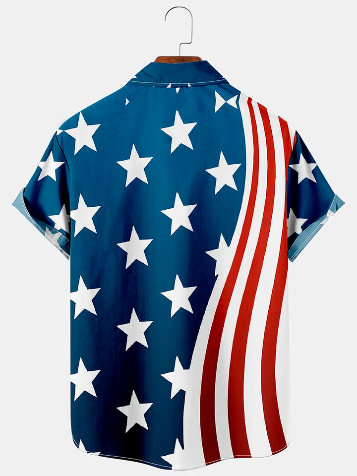 Camisa con botones y bolsillo para hombre con diseño de dinosaurio y bandera estadounidense de vacaciones Alohadaddy