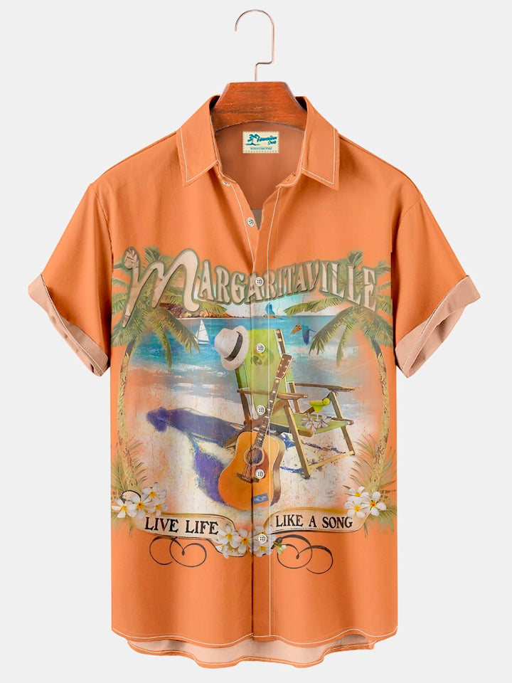 Camisa de fiesta de talla grande con estampado de cocoteros e instrumentos de playa hawaianos de color naranja de Alohadaddy