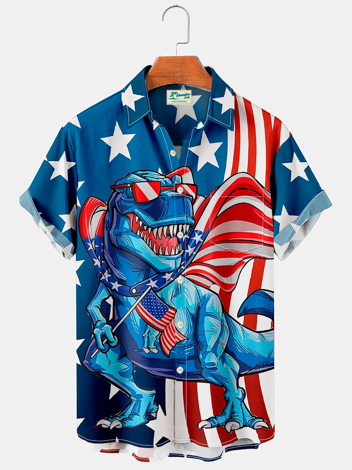 Camisa con botones y bolsillo para hombre con diseño de dinosaurio y bandera estadounidense de vacaciones Alohadaddy