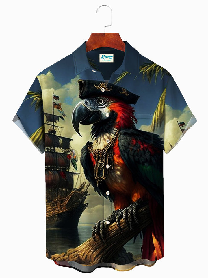 Camisa hawaiana con estampado de piratas y loros para hombre de Alohadaddy, camisa de camping elástica con bolsillo hawaiano y dibujos animados