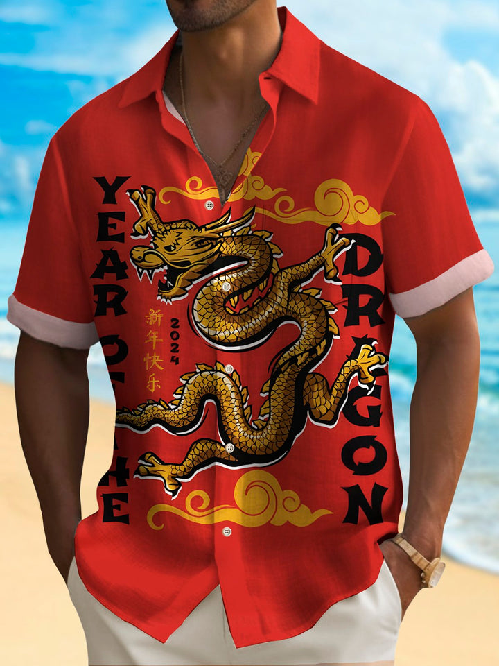 Camisas de hombre Alohadaddy de Año Nuevo con diseño de dragón oriental rojo, elásticas, japonesas, de fácil cuidado, con bolsillos festivos, grandes y altas
