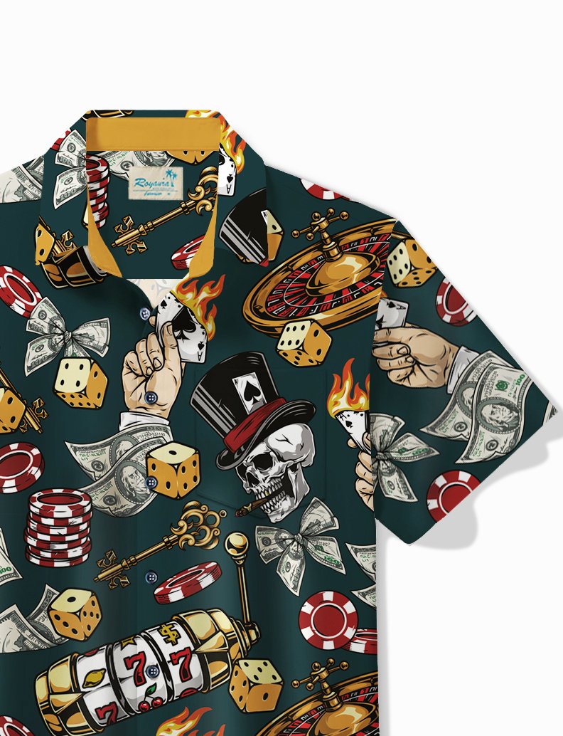 Camisa hawaiana Alohadaddy para hombre, camisa de camping con bolsillo y calavera de póquer de Las Vegas