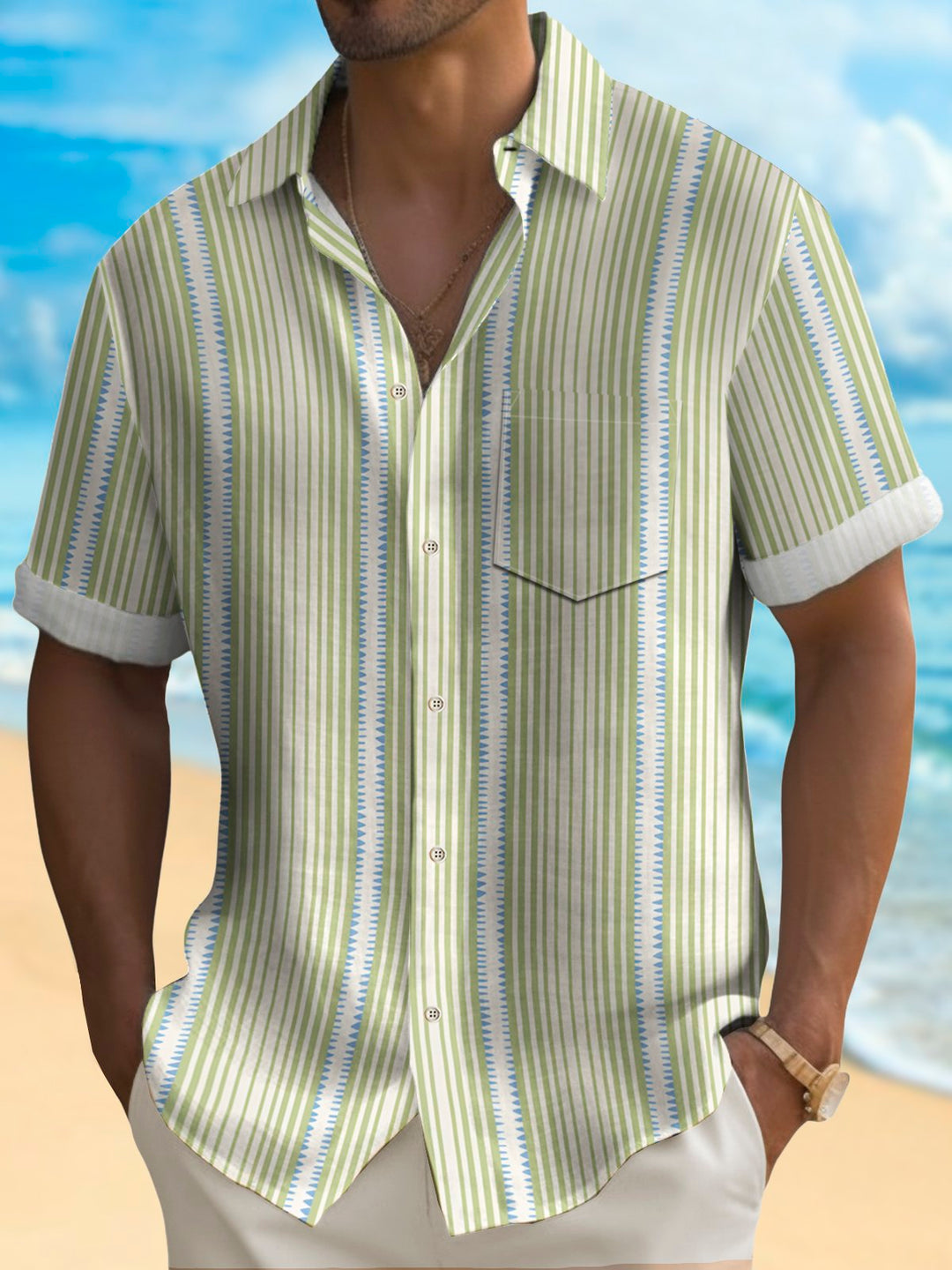 Camisa hawaiana básica de rayas Alohadaddy para hombre, camisa de camping con bolsillo, elástica, de fácil cuidado, talla grande