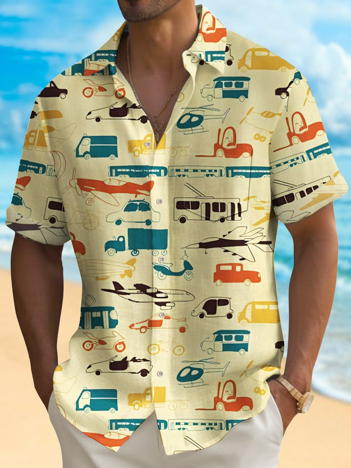 Camisa de manga corta con bolsillo abotonado para hombre con estampado de vehículo de viaje retro Alohadaddy