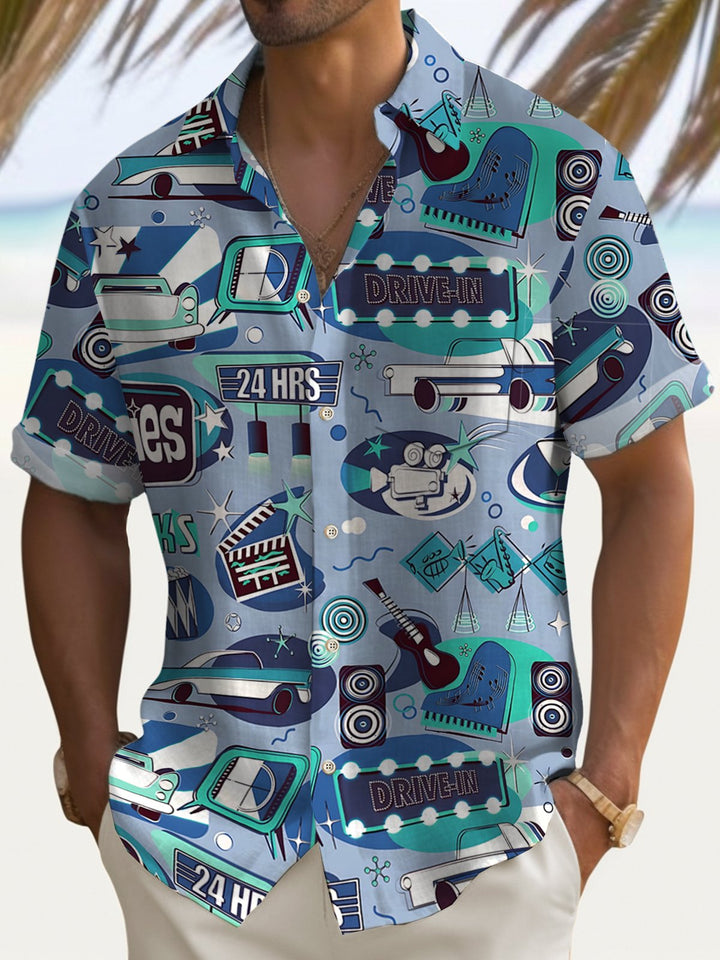 Camisa de manga corta con bolsillos y botones para hombre con estampado geométrico retro Alohadaddy