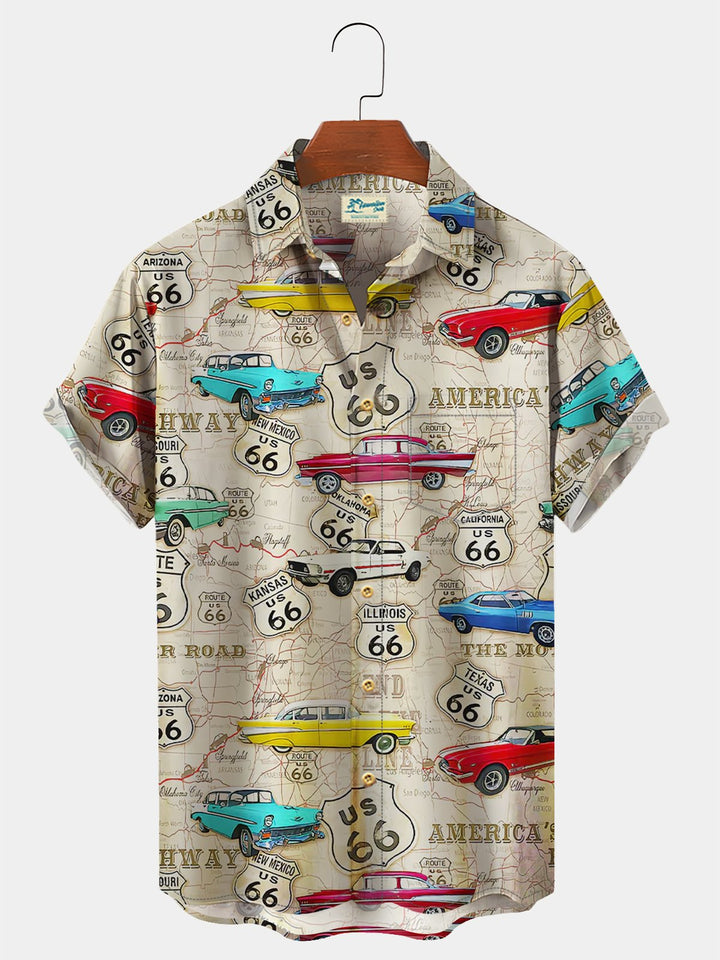 Alohadaddy Vintage Route 66 Western Print Chest Pocket Vintage Shirt Plus Size Printed Shirt