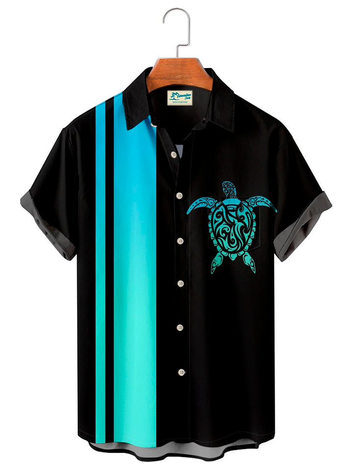 Alohadaddy Black Vintage Bowling Turtle Print Chest Bag Bowling Shirt Plus Size Panel Shirt