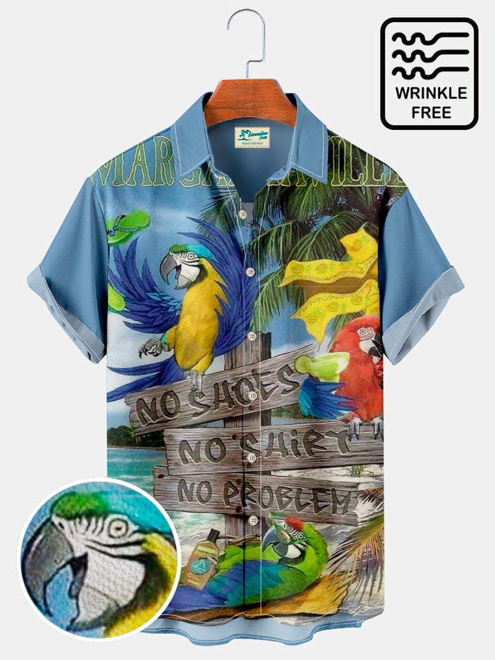 Camisa hawaiana de vacaciones de gran tamaño con bolsillo en el pecho y estampado playero de loro azul Alohadaddy