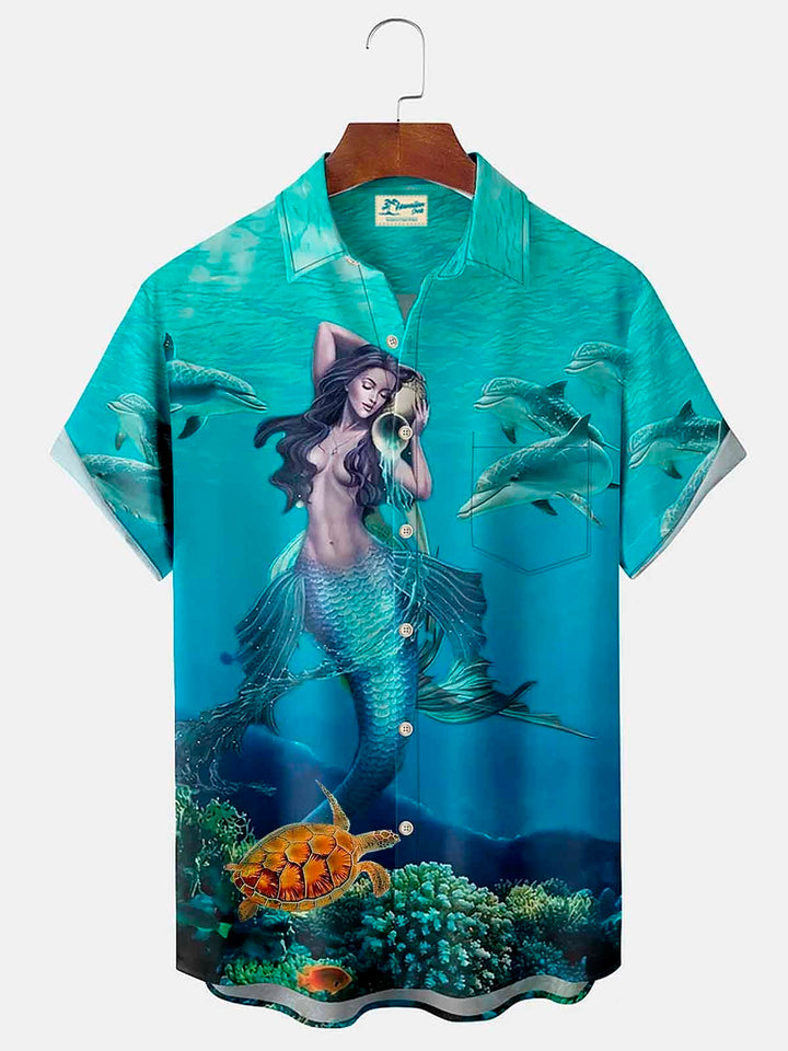 Camisa hawaiana con bolsillos abotonados para hombre, diseño de sirena, delfín y tortuga, de Alohadaddy