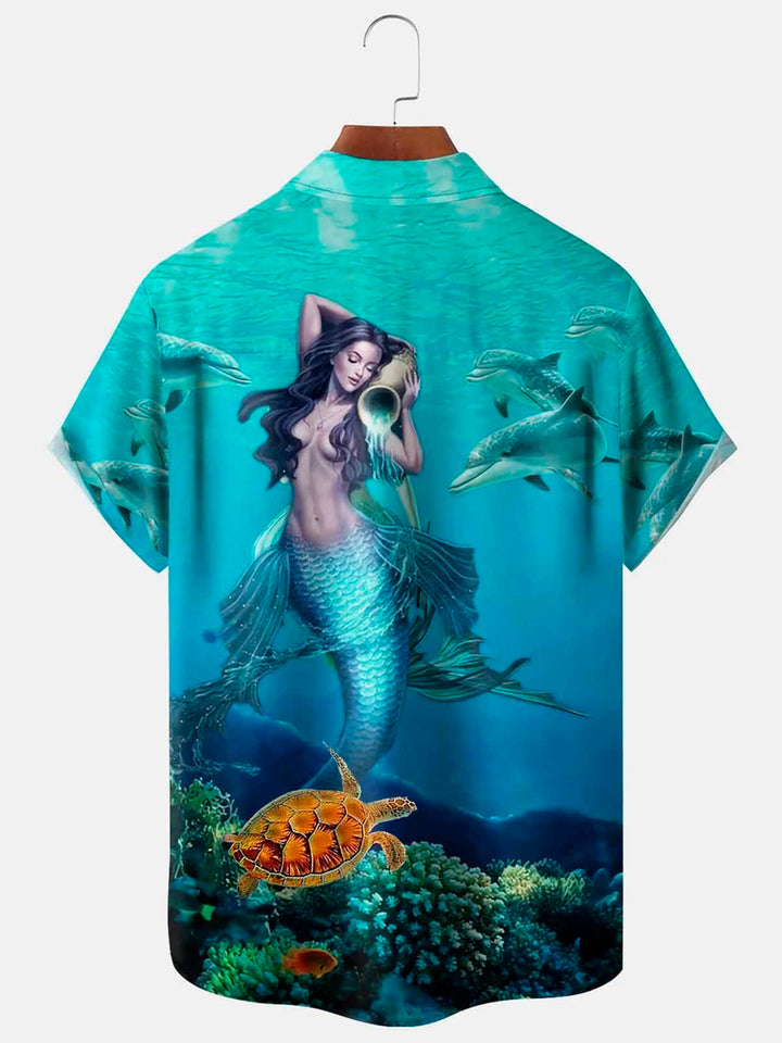 Camisa hawaiana con bolsillos abotonados para hombre, diseño de sirena, delfín y tortuga, de Alohadaddy