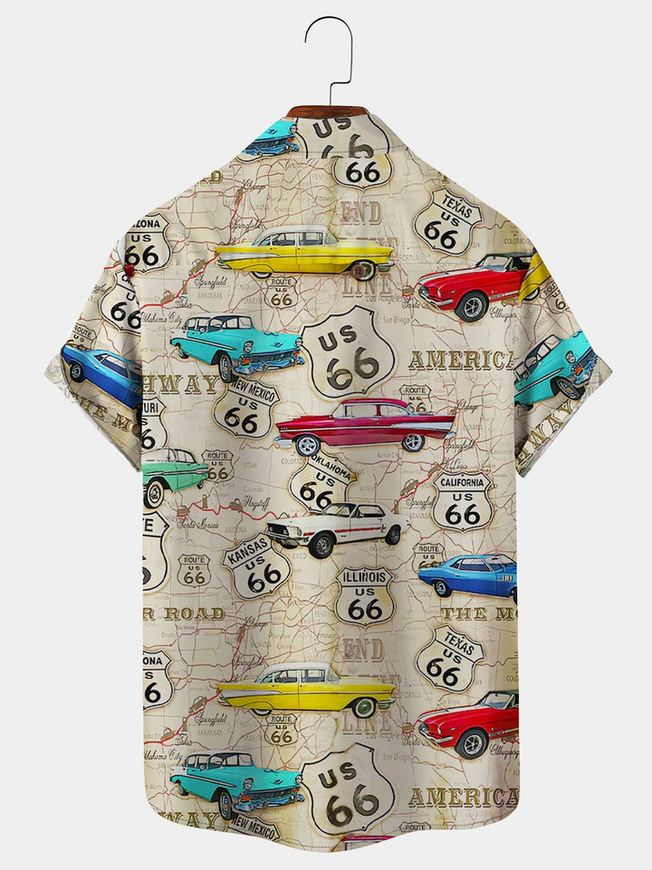 Alohadaddy Vintage Route 66 Western Print Chest Pocket Vintage Shirt Plus Size Printed Shirt