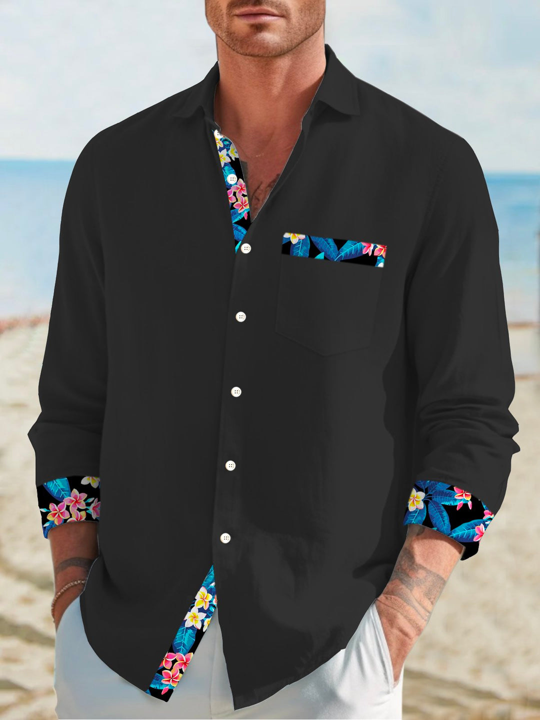 Camisa de manga larga con bolsillos abotonados y estampado floral básico para hombre de Alohadaddy