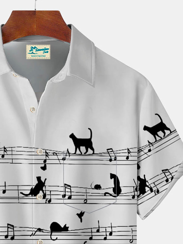 Alohadaddy Music Note Fun Cat Men Button Pocket Shirt