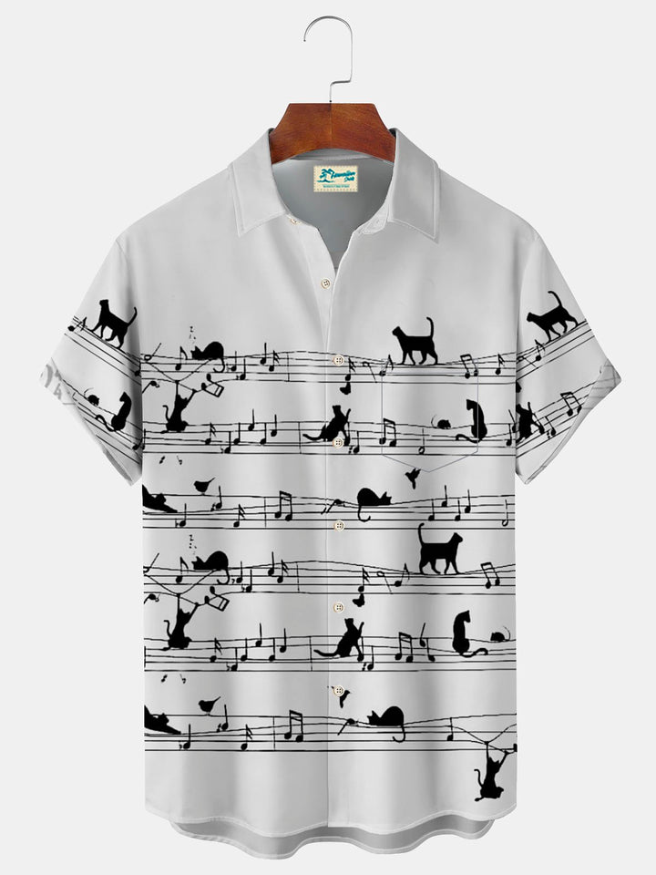 Alohadaddy Music Note Fun Cat Men Button Pocket Shirt