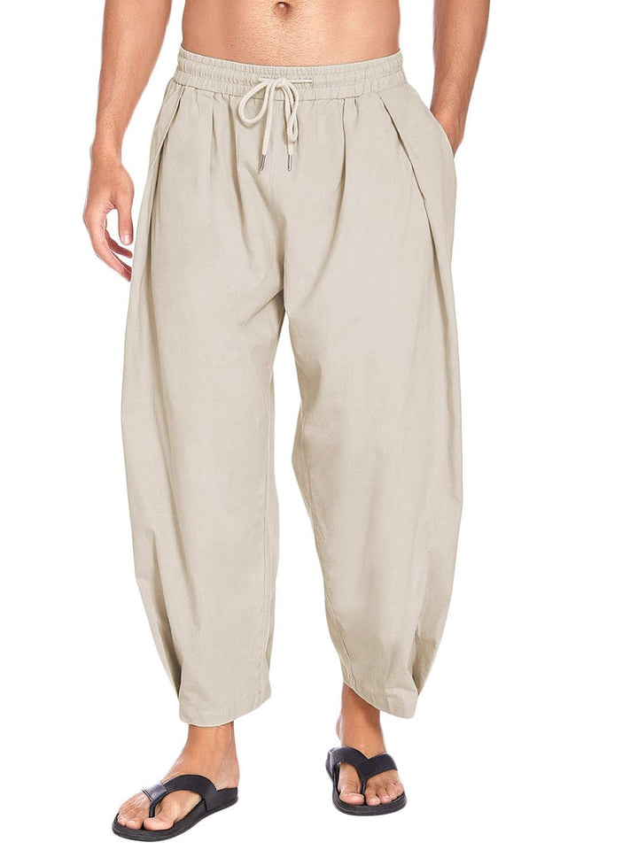 Pantalones capri holgados de lino y algodón con bolsillos y cordón ajustable de Alohadaddy