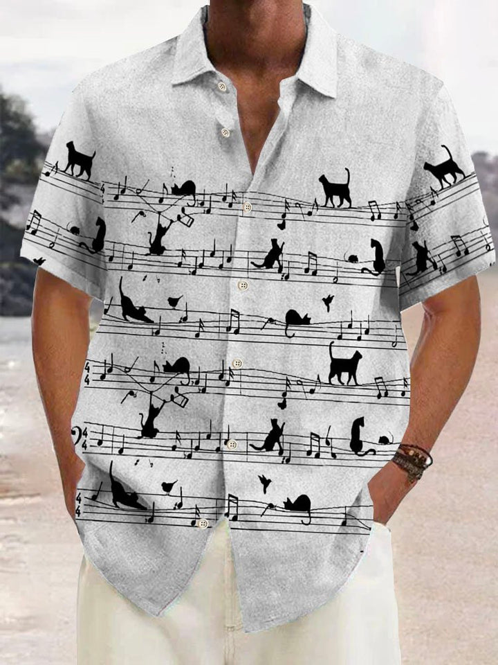 Alohadaddy Music Note Fun Cat Men Button Pocket Shirt