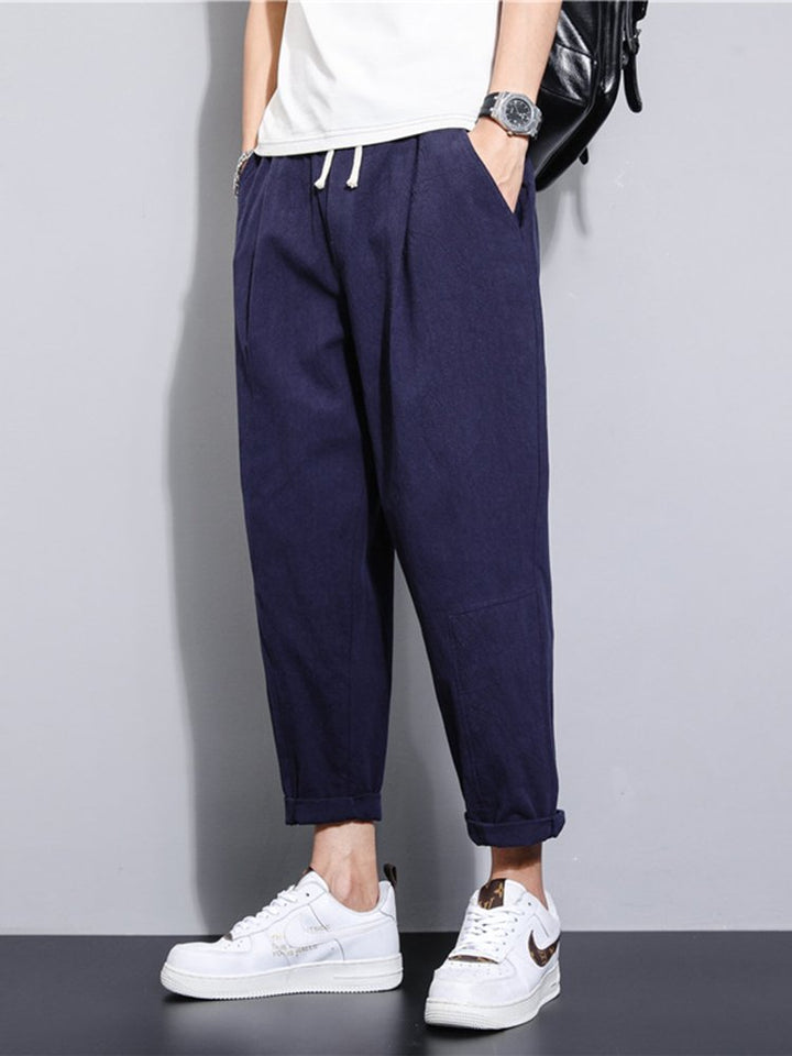 Pantalones de lino y algodón con pierna recta y holgados para hombre