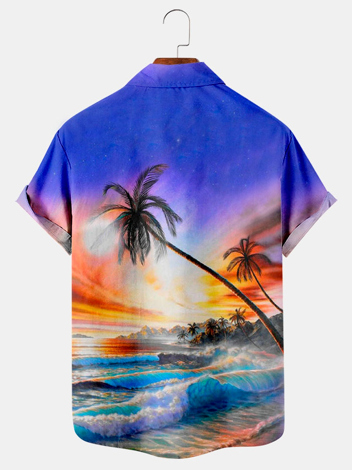 Alohadaddy Hawaii Seaside Coconut Tree Ocean Wave Seaview Print Chest Pocket Shirt Plus Size Vacation Shirt