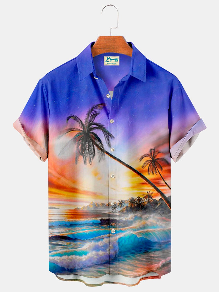 Alohadaddy Hawaii Seaside Coconut Tree Ocean Wave Seaview Print Chest Pocket Shirt Plus Size Vacation Shirt