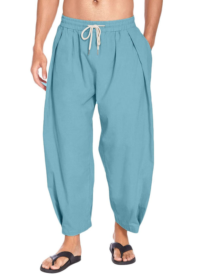 Pantalones capri holgados de lino y algodón con bolsillos y cordón ajustable de Alohadaddy