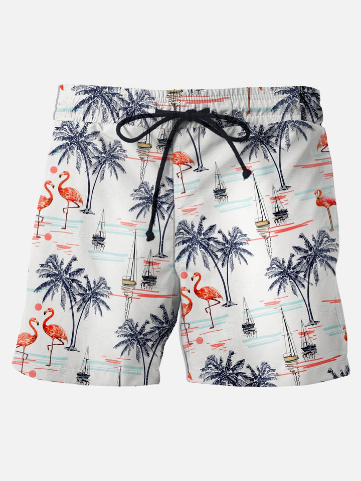 Pantalones cortos hawaianos con estampado de flamencos y cocoteros hawaianos para hombre, elásticos, de secado súper rápido
