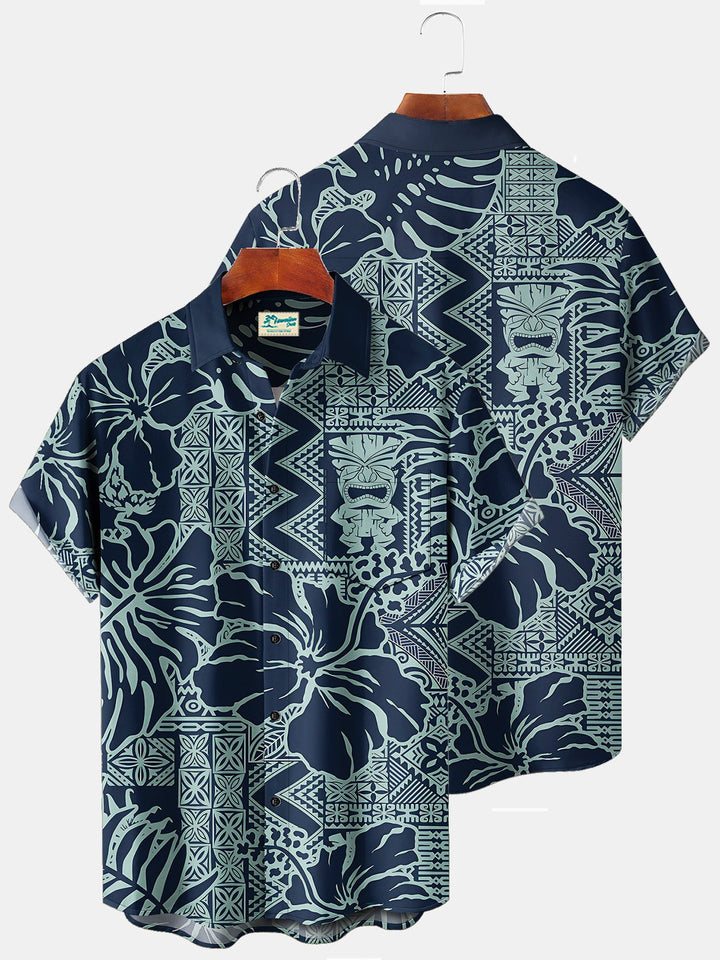 Chemises hawaïennes à fleurs pour hommes Alohadaddy Beach Vacation Tiki Totem Blue Chemises de camp Aloha extensibles surdimensionnées